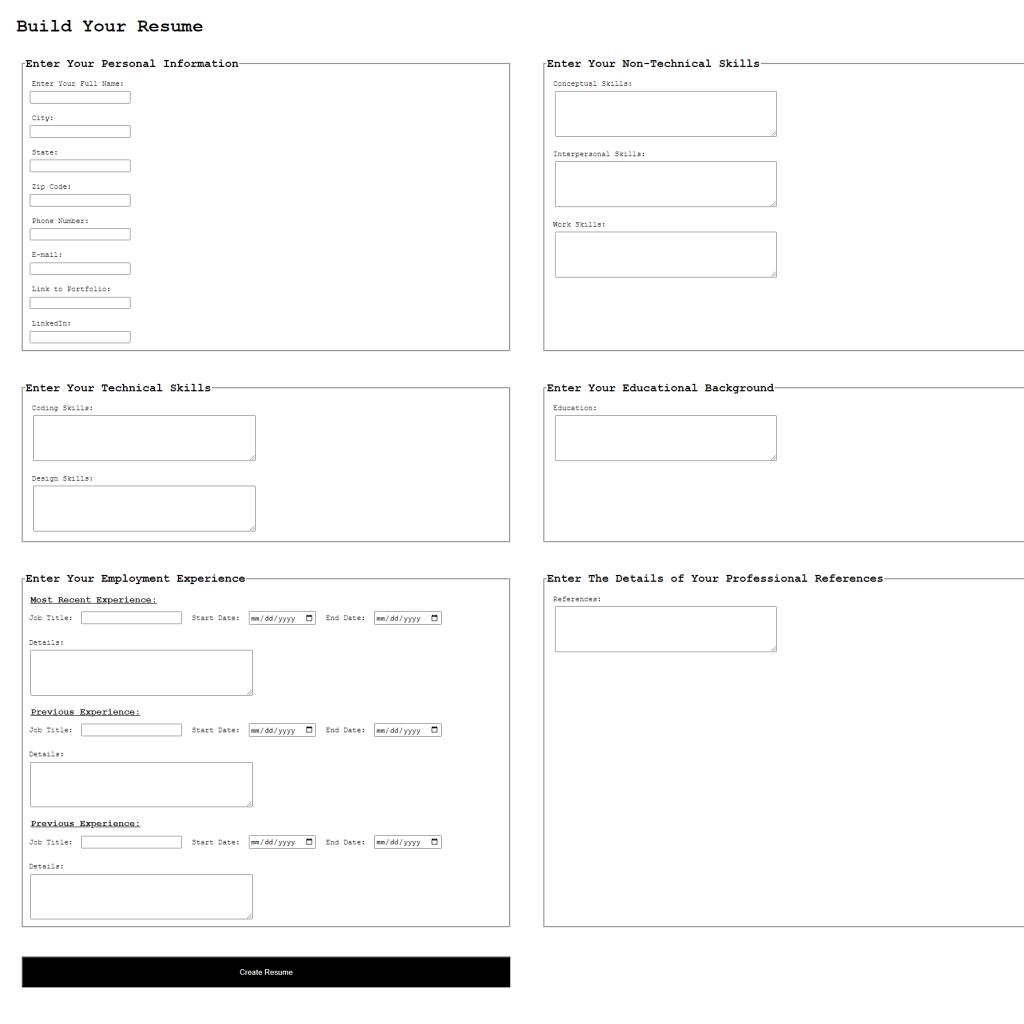 Screenshot of JavaScript Resume Builder Application